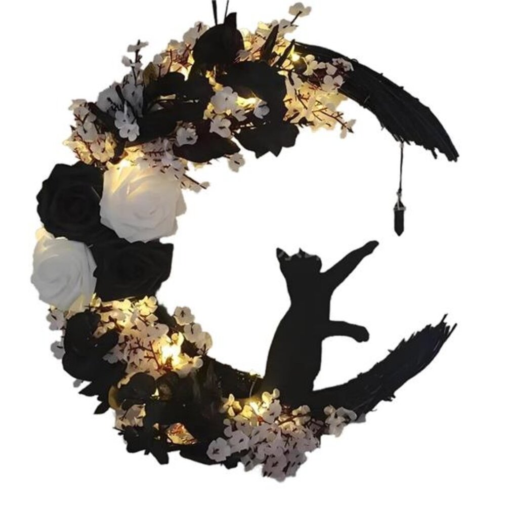 Halloween Wreaths For Front Door, Flower Moon Cat Halloween Home Decoration,
